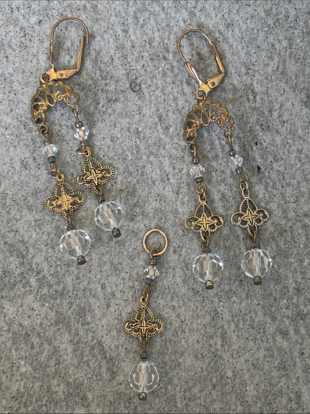 Vintage 1970s EARRINGS PENDANT Set Lot Bundle Filigree Faceted Crystal/Glass